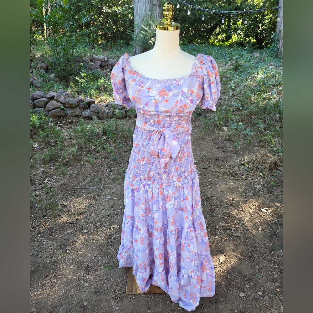 Likely‎ Taylor Smocked Midi Lavender Floral Maxi Dress